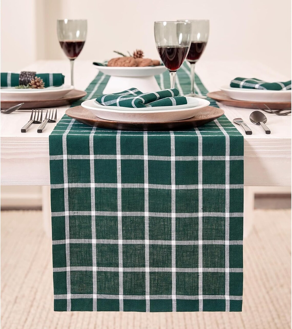 Plaid Table Runner 36 Inches - 100% Pure Linen Windowpane Dark Green Short Table Runner 14 x 36 Inch Ideal for Dresser and Coffee Tables